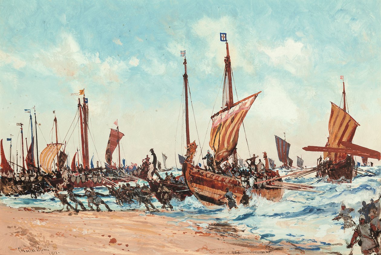 De Landing van Willem de Veroveraar bij Hastings, op 28 September 1066 door Charles Edward Dixon