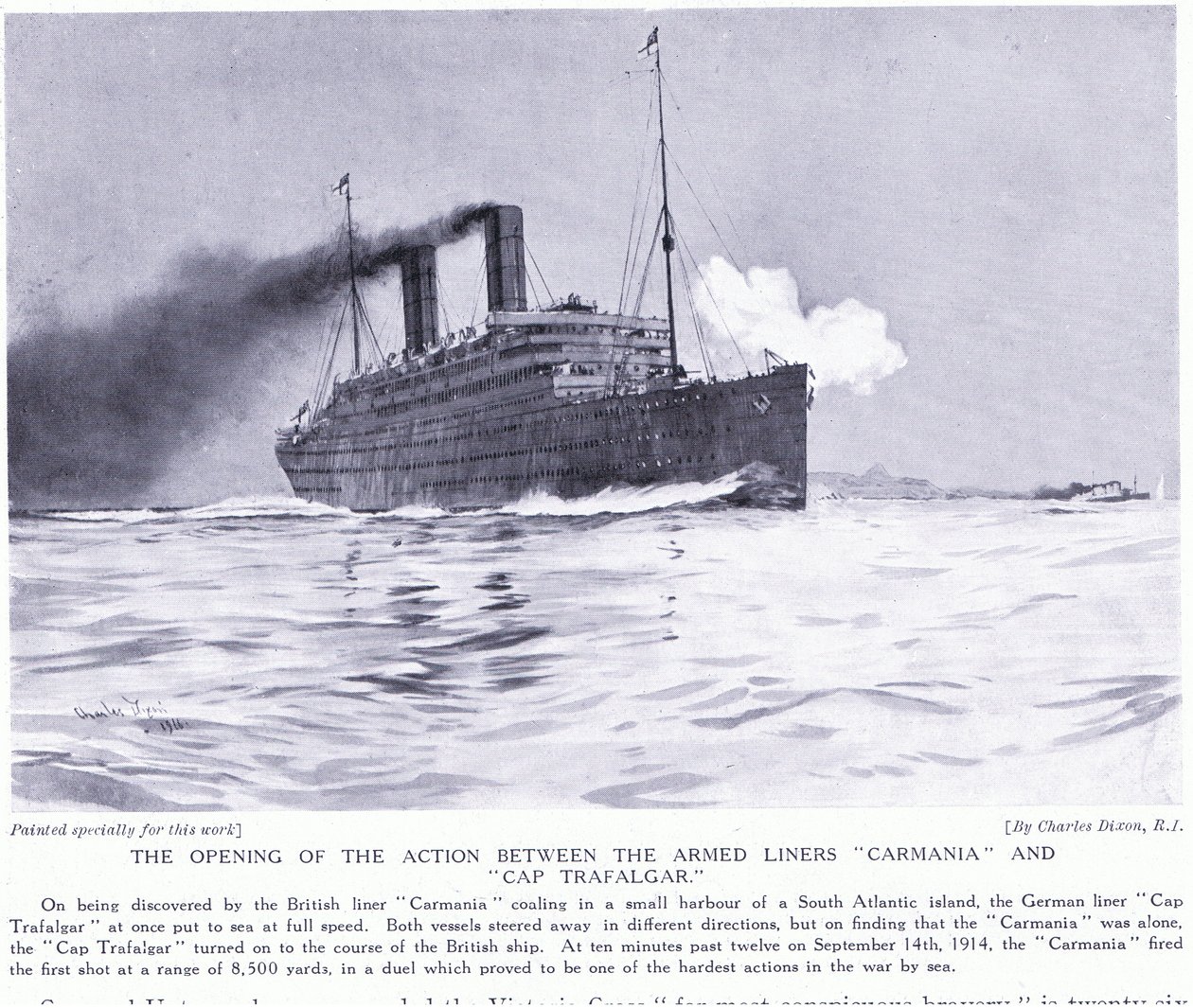 De openingsactie tussen de bewapende lijnschepen Carmania en Cap Trafalgar, Zuid-Atlantische Oceaan, september 1915 door Charles Edward Dixon