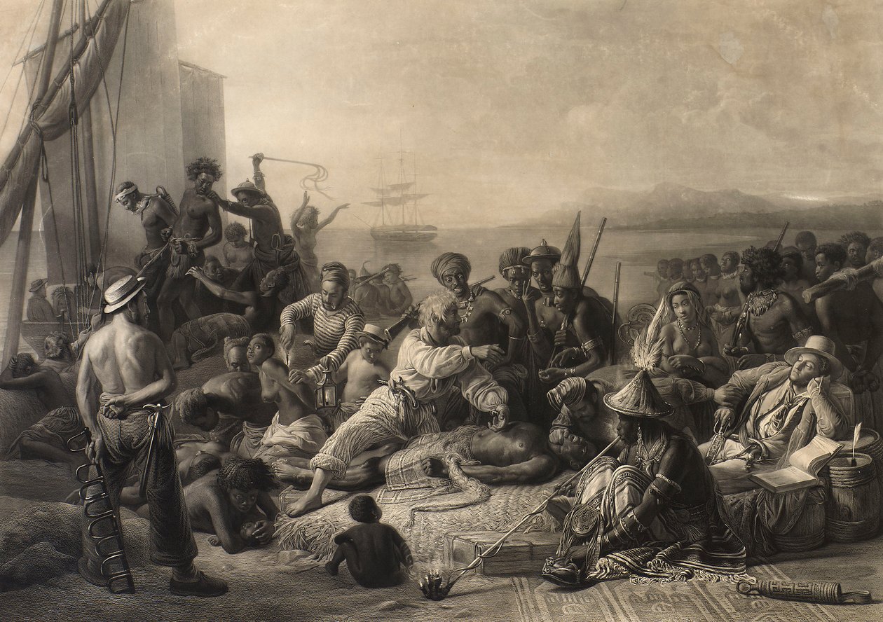 Scène aan de kust van Afrika: slaven en slavendrijvers wachten op transport naar het buitenland door Charles Edward Wagstaff