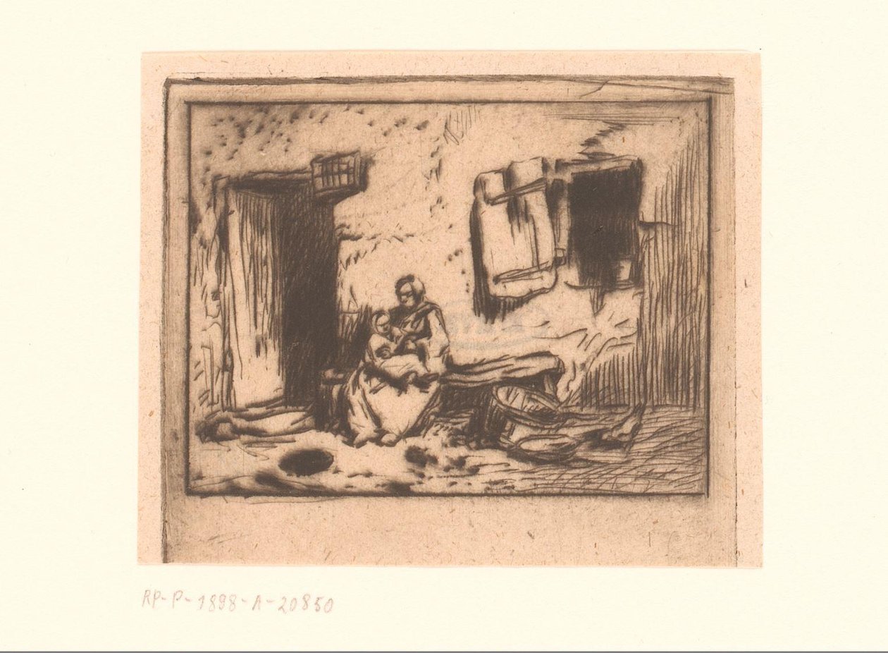 Vrouw met kind op een bank tegen een gevel door Charles Emile Jacque (attributed to)