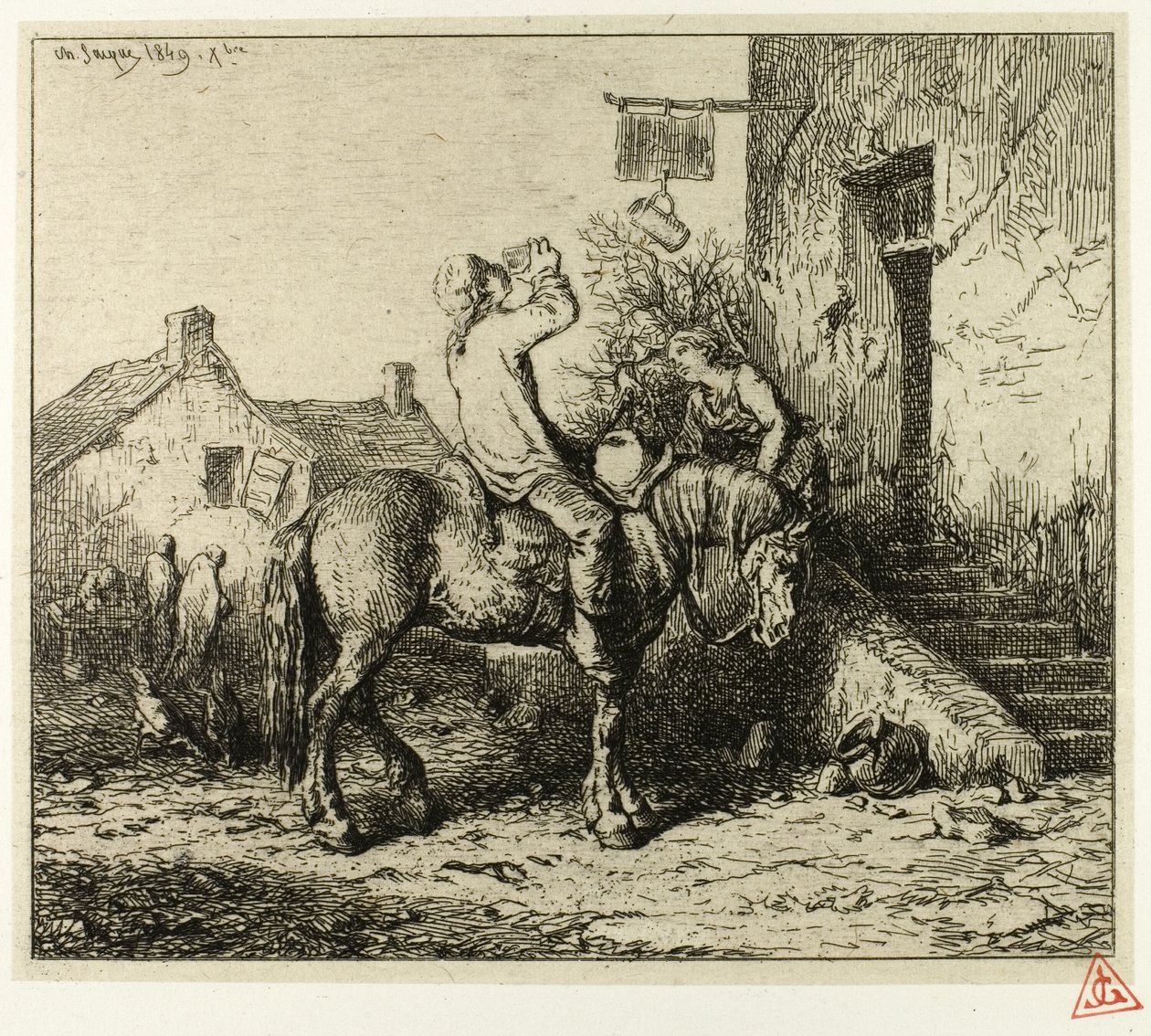 Ingang van een herberg, met drinkende boer door Charles Emile Jacque