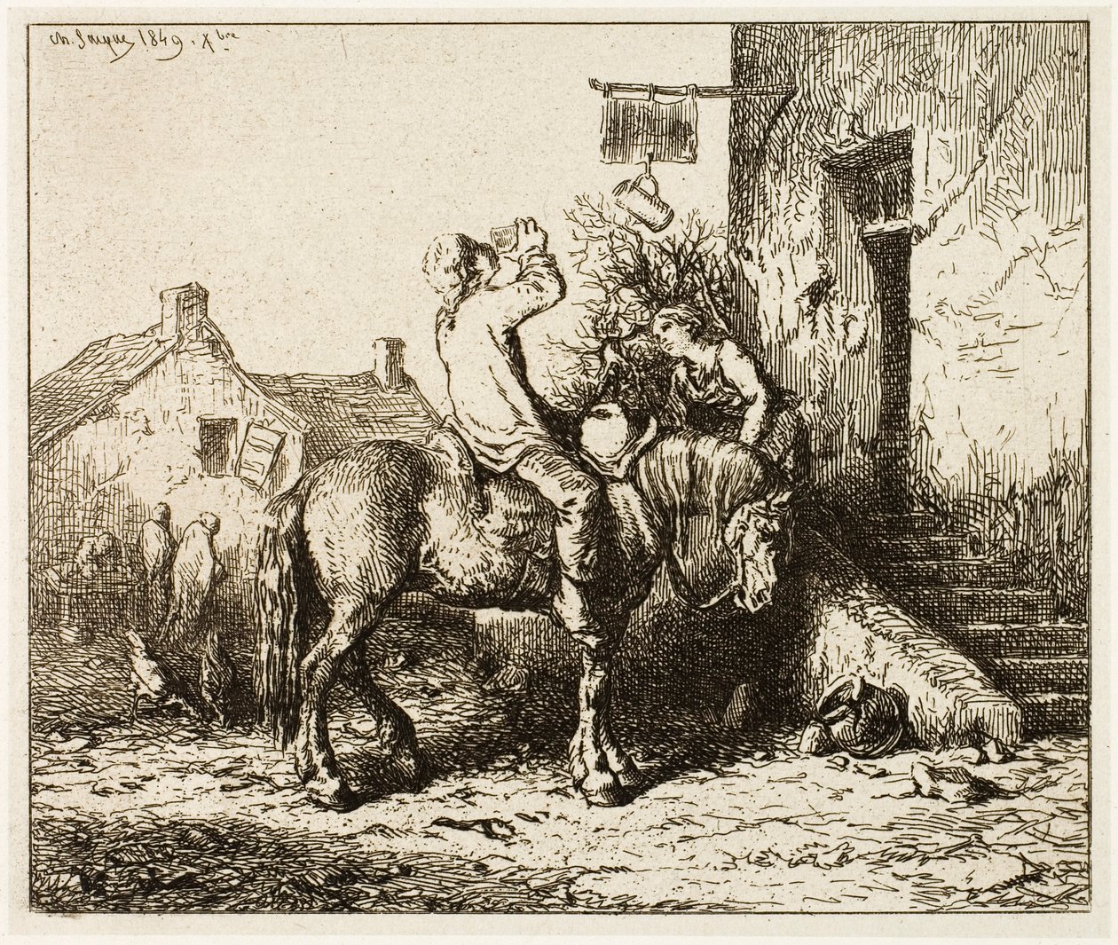 Ingang van een herberg, met drinkende boer door Charles Emile Jacque
