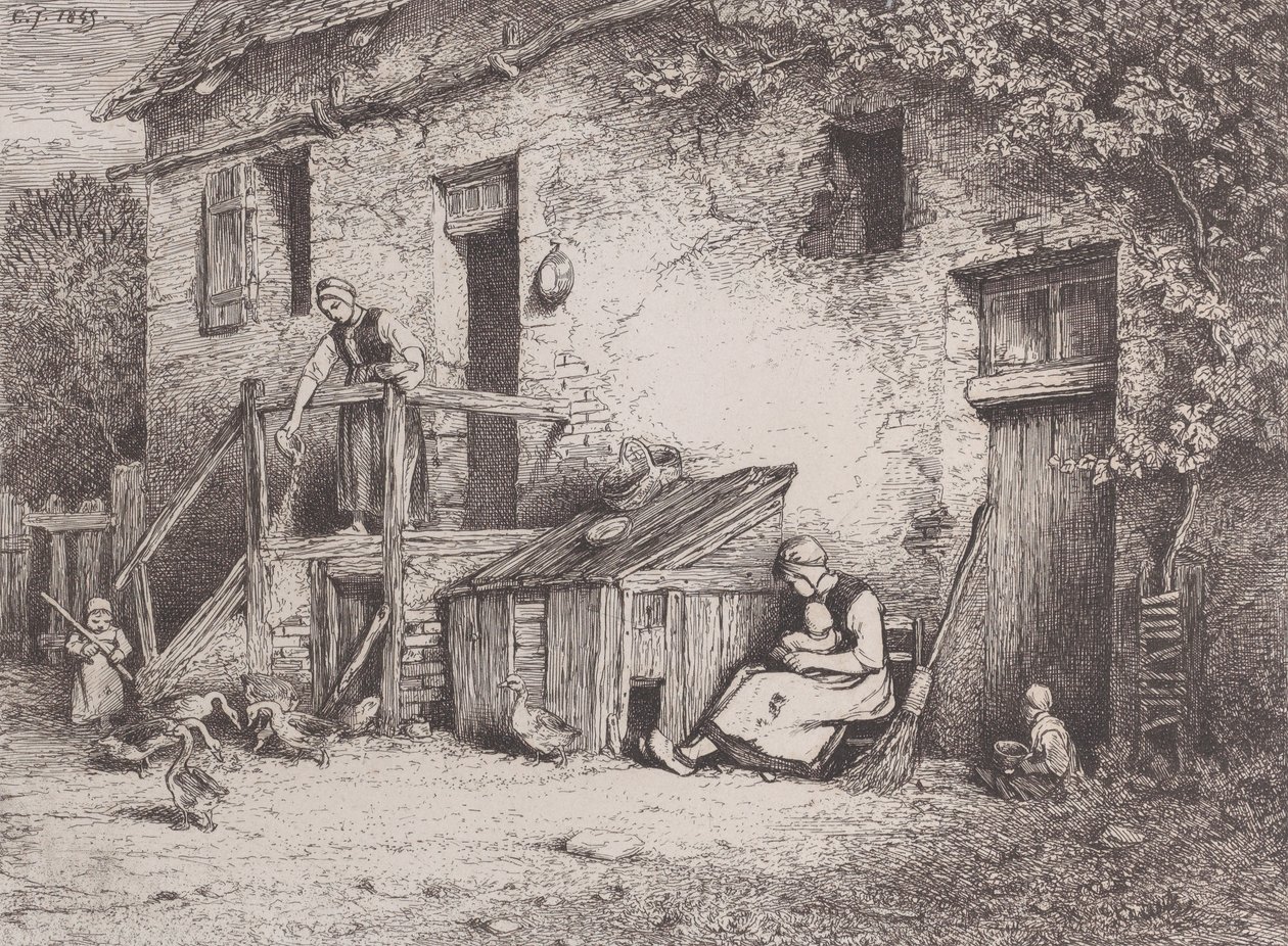 Voor het huis door Charles Emile Jacque