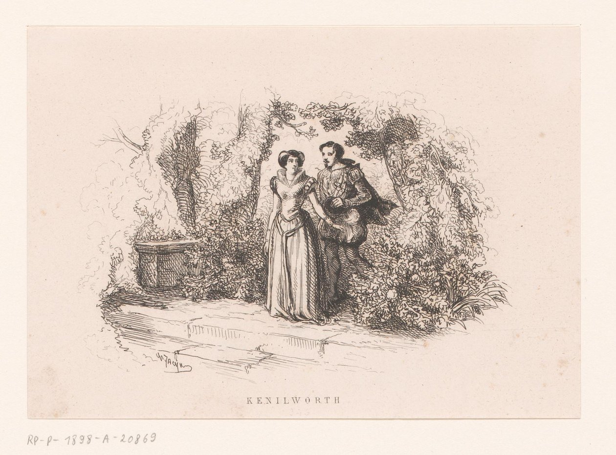 Koppel in een tuin Kenilworth (titel op object) door Charles Emile Jacque