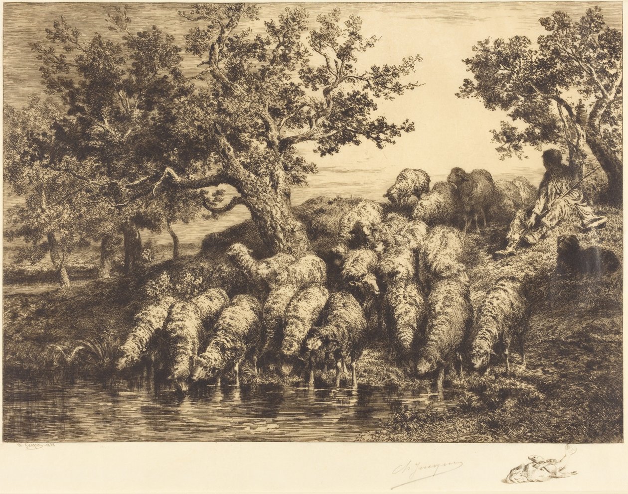 Schapen bij de drinkplaats door Charles Emile Jacque