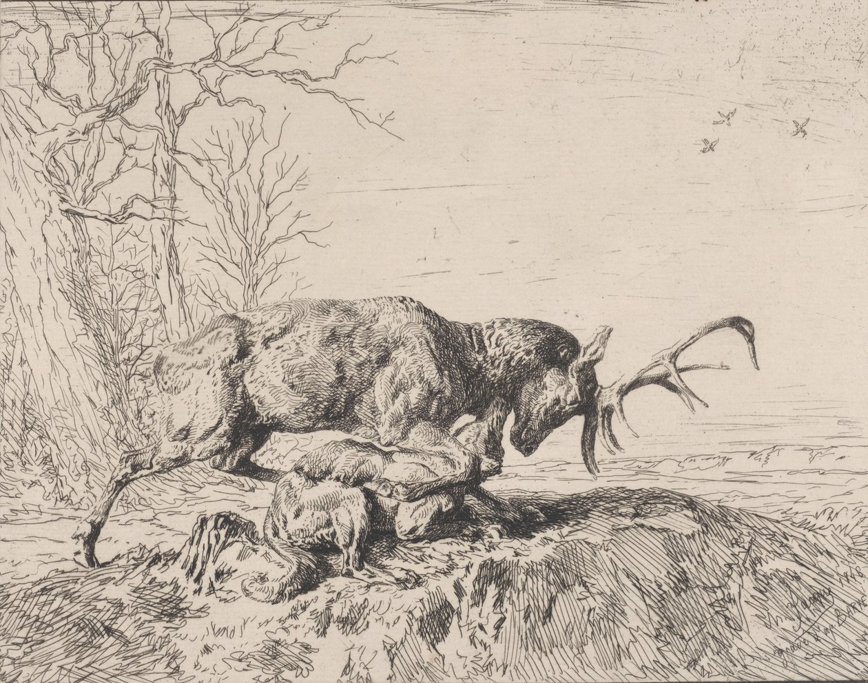 Hert vecht met een Wolf, naar Antoine Louis Barye door Charles Emile Jacque