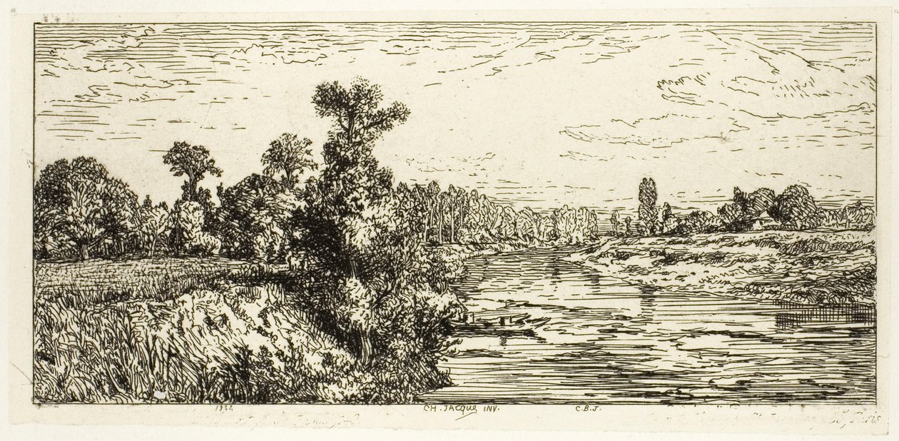 Het eiland Aligre, met twee boten door Charles Emile Jacque