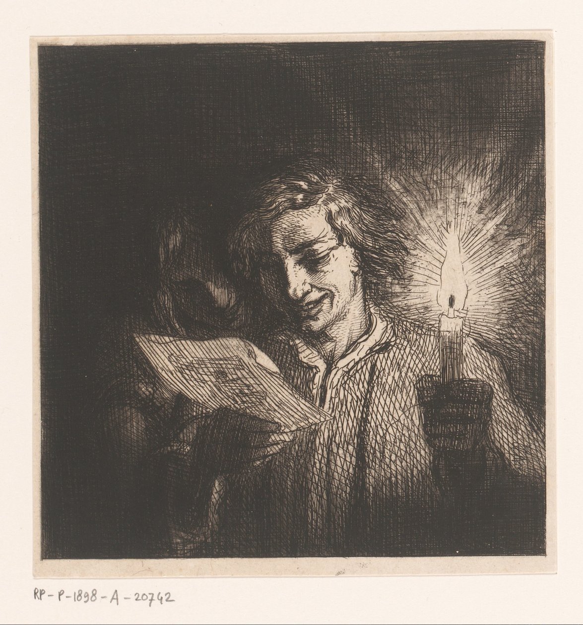 Twee brief-lezende figuren bij kaarslicht door Charles Emile Jacque