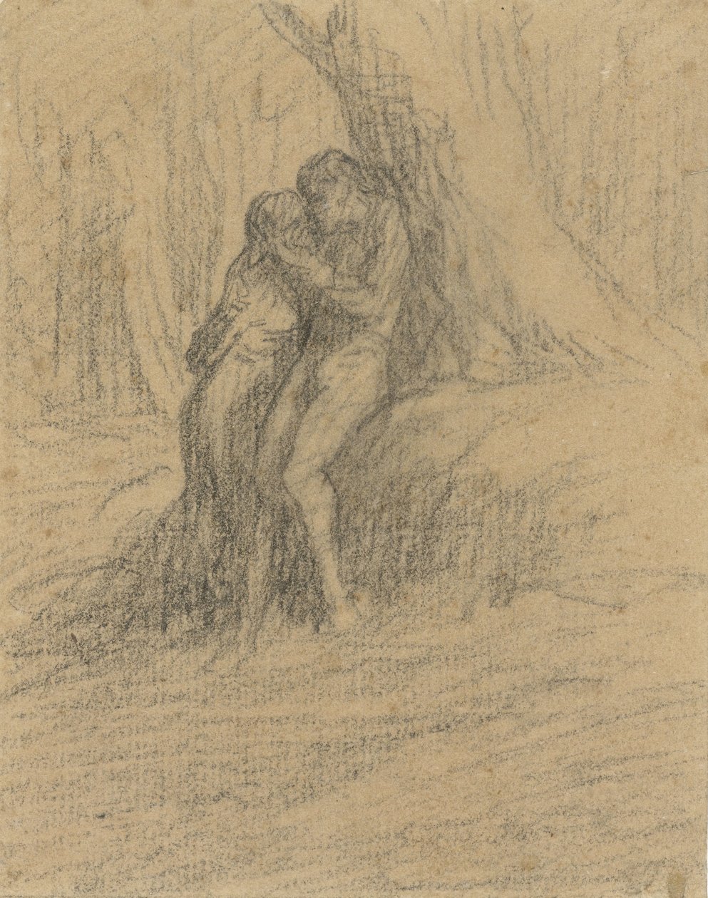 Vrijend boerenpaar onder een zware boom door Charles Emile Jacque