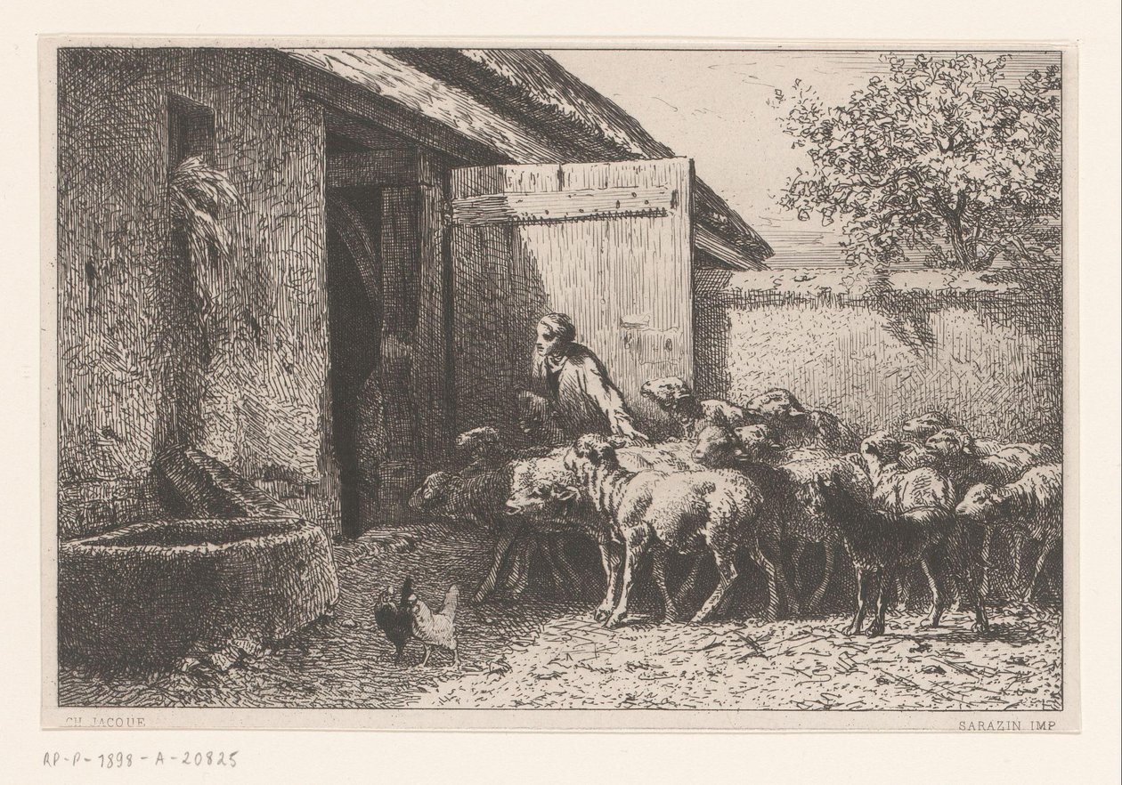 Vrouw die schapen naar de stal leidt door Charles Emile Jacque