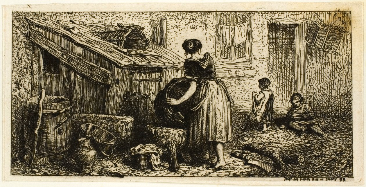 Vrouw die potten wast, met kinderen door Charles Emile Jacque