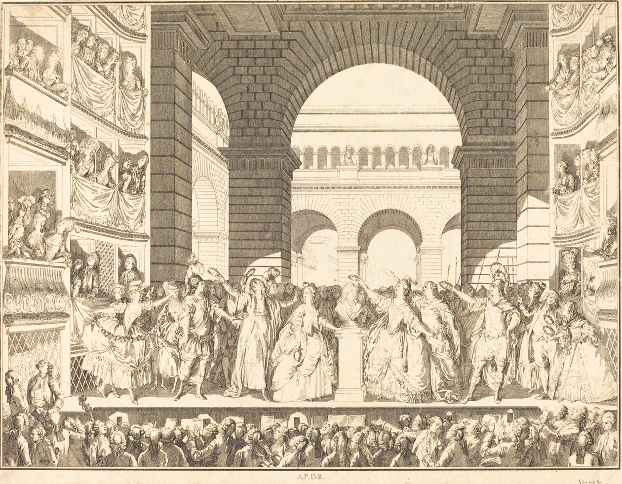 Kroning van Voltaire door Charles Etienne Gaucher after Jean Michel Moreau