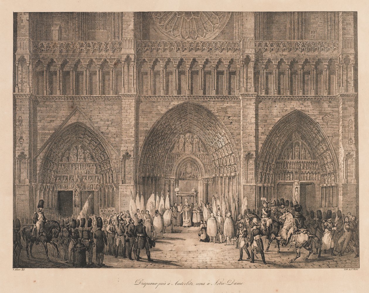 Vlaggen Gevangen bij Austerlitz Ontvangen in Notre Dame, begin 19e eeuw (litho) door Charles Etienne Pierre Motte