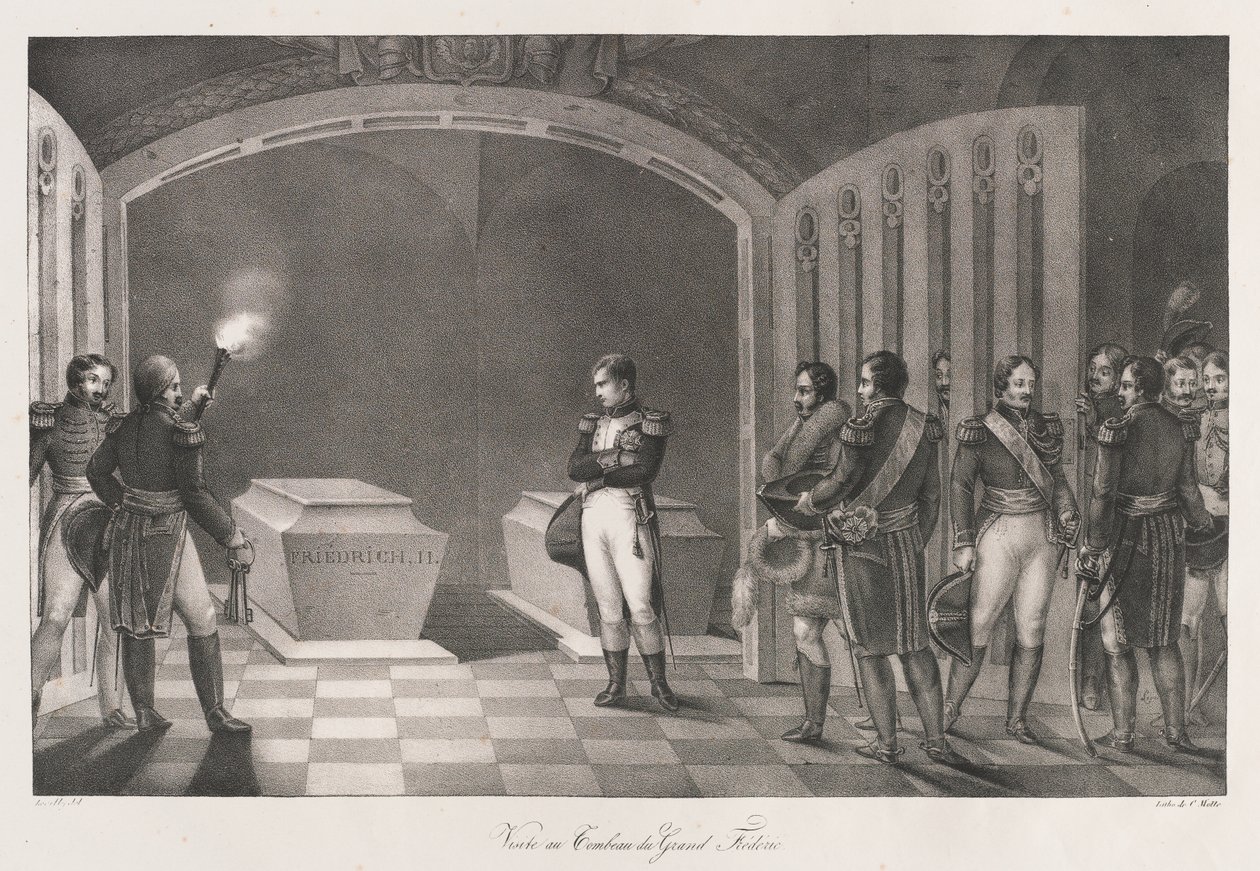 Bezoek aan het graf van Frederik de Grote, begin 19e eeuw door Charles Etienne Pierre Motte