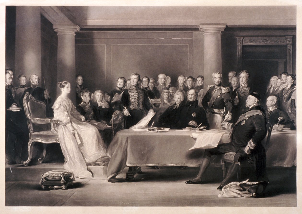Koningin Victoria die de raad voorzit bij haar troonsbestijging, 1846 door Charles Fox