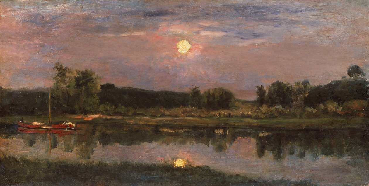 Een maanverlichte rivierlandschap, ca. 1855 door Charles Francois Daubigny