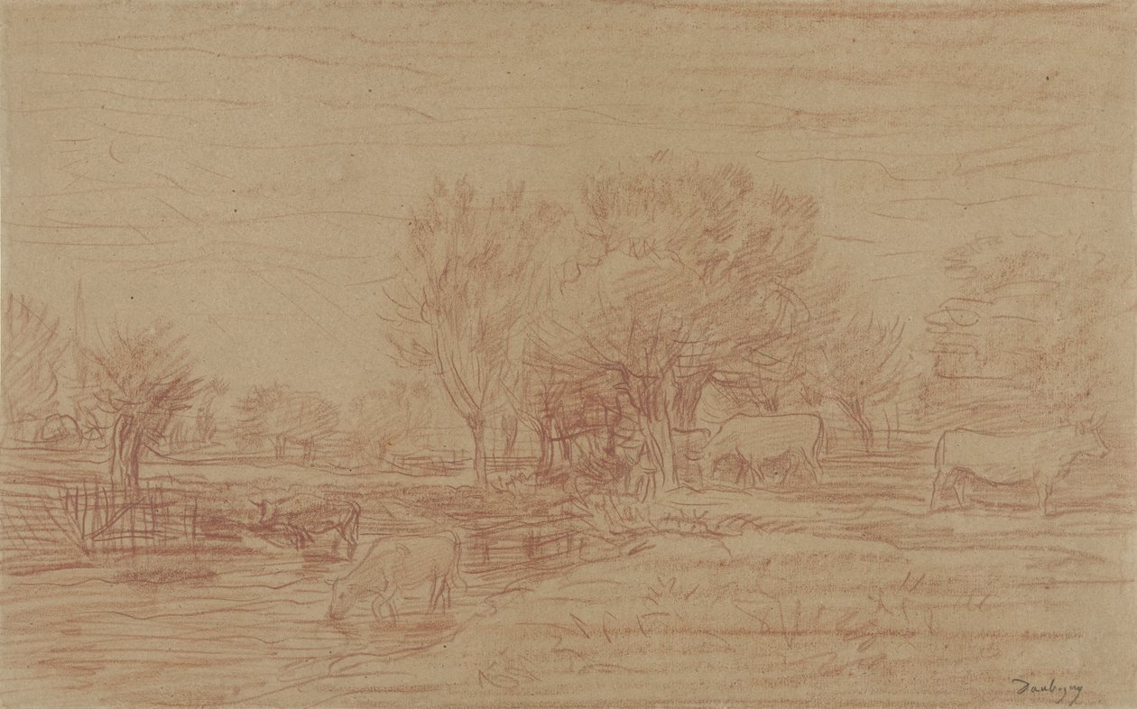 Landschap met grazende en drinkende koeien en een toekijkende stier door Charles Francois Daubigny