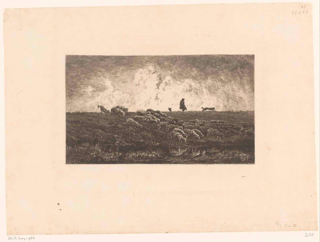 Landschap met herder en schapen tijdens een regenbui door Charles Francois Daubigny