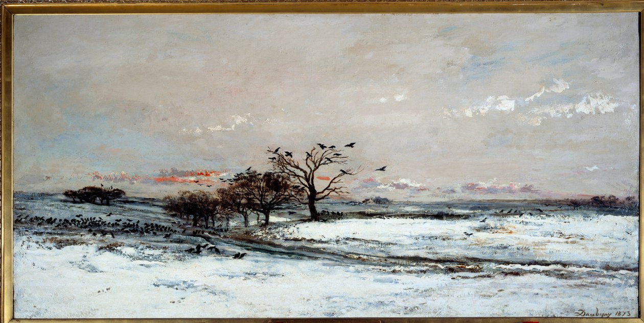 Sneeuwlandschap in de ondergaande zon door Charles Francois Daubigny