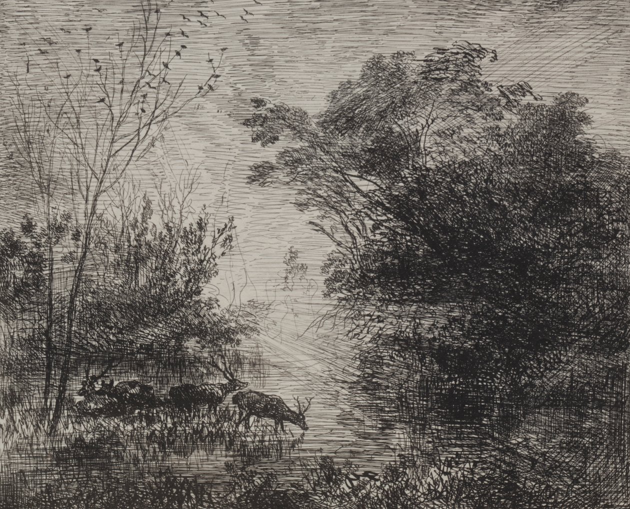 Herten, originele indruk door Charles Francois Daubigny