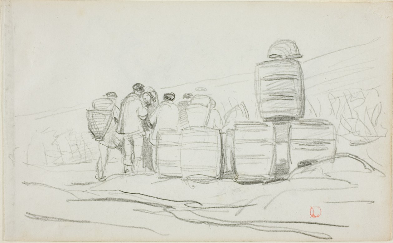 Studie van een groep mensen met vaten (recto); twee studies van een sprokkelende vrouw (verso) door Charles Francois Daubigny