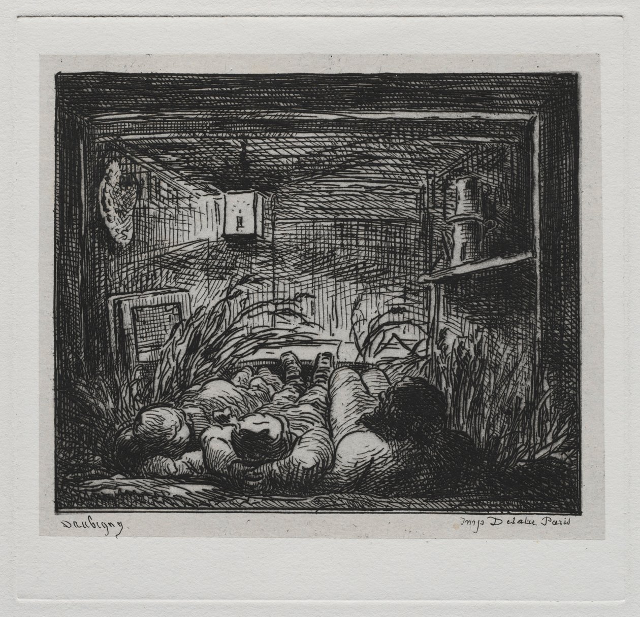 De boottocht: Slapen aan boord van de Botin Nacht op de boot, 1861 door Charles Francois Daubigny
