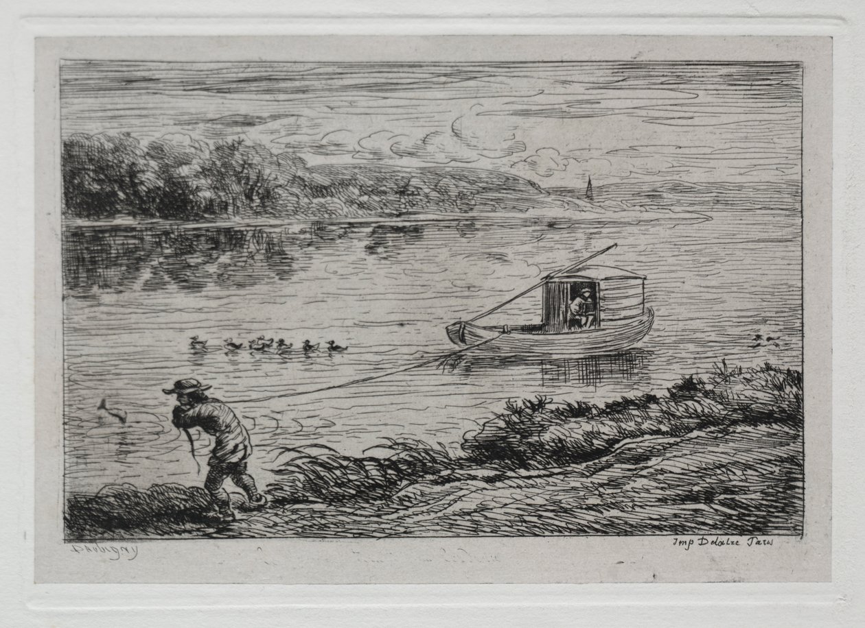 De Boottocht: Kajuitjongen die het Sleepkoord Trekt of Trekken aan het Touw door Charles Francois Daubigny
