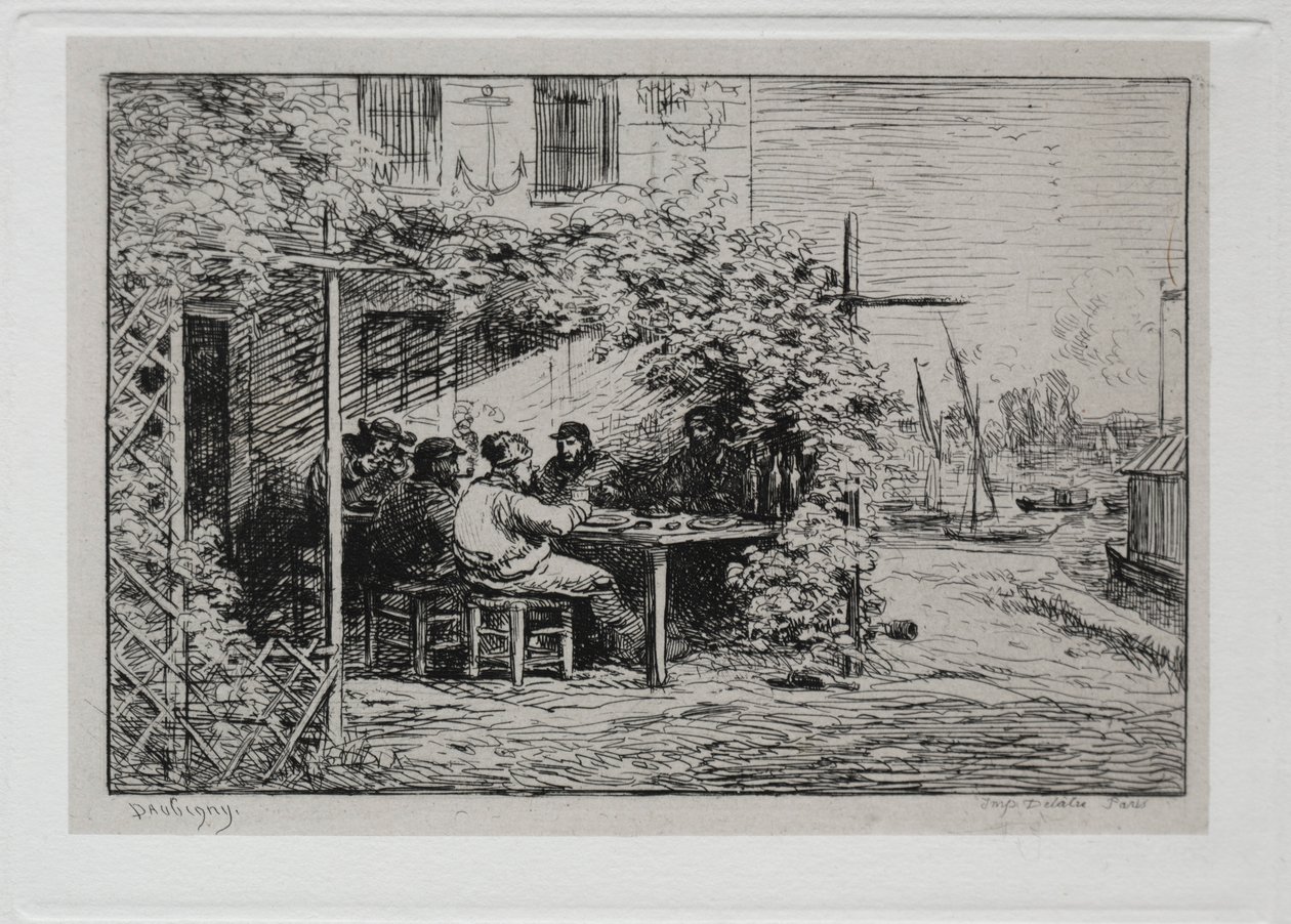 De boottocht: De lunch voor het aan boord gaan in Asnières, 1861 door Charles Francois Daubigny