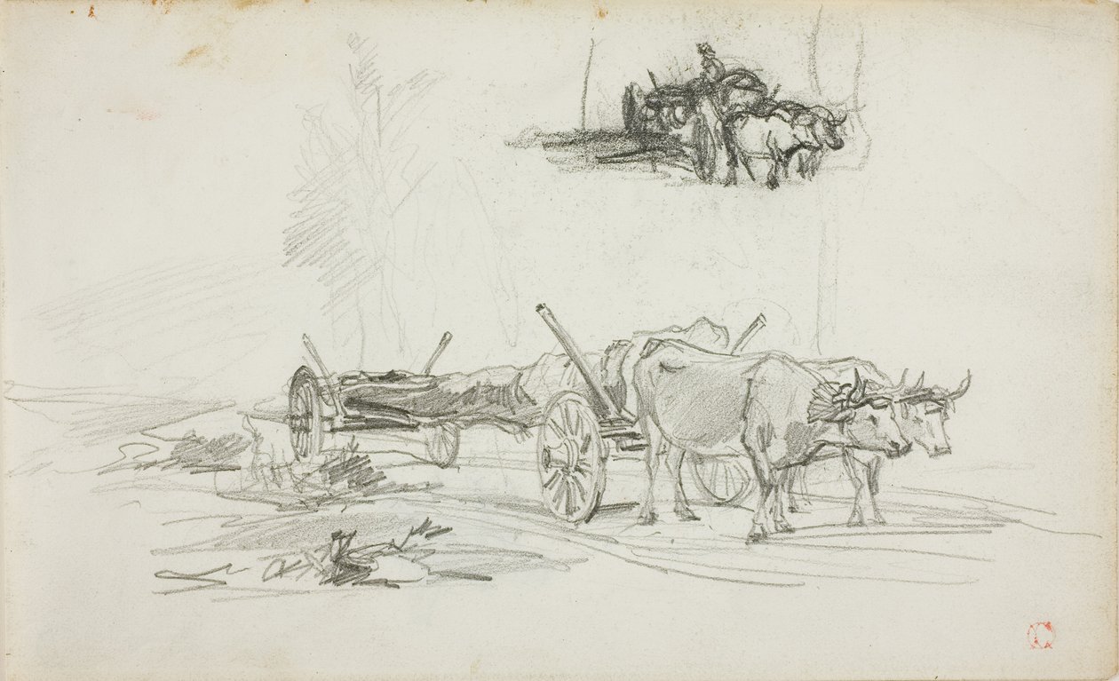Twee schetsen van ossen die een boomstam trekken door Charles Francois Daubigny
