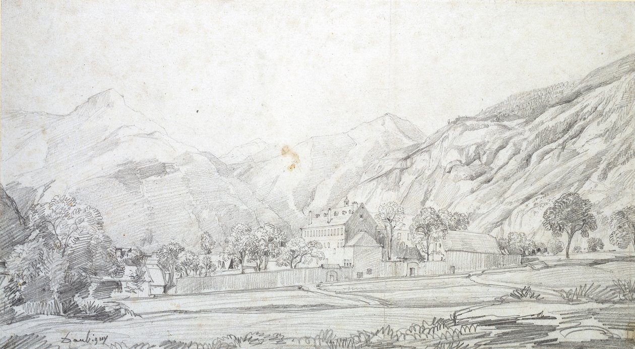 Uitzicht op Gebouwen in een ommuurde Omheining met Bergen op de Achtergrond, midden 19e eeuw door Charles Francois Daubigny