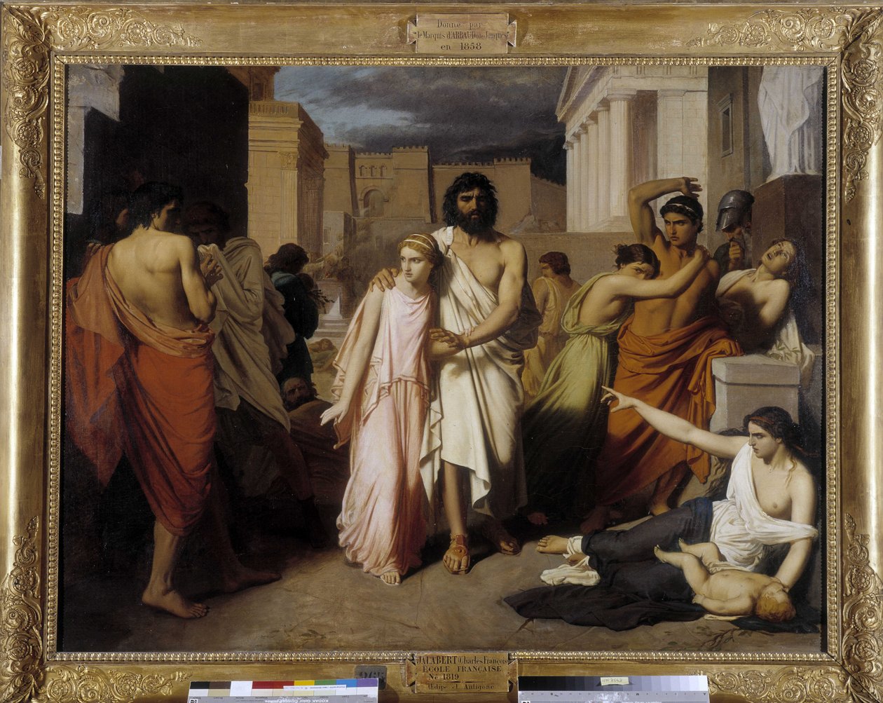 Oedipus en Antigone ook wel De Plaag van Thebe genoemd. Oedipus vlucht voor de vloek van de inwoners door Charles François Jalabert