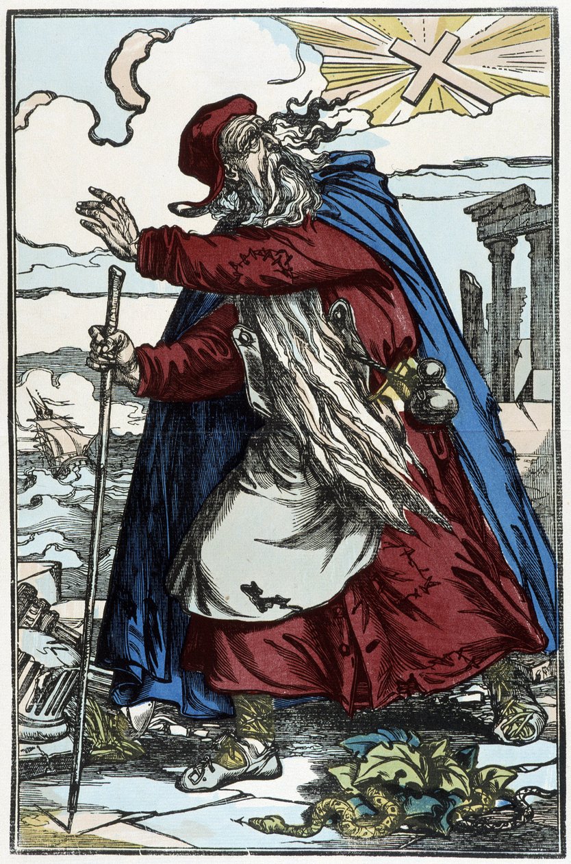 De dolende Jood bang voor het katholieke kruis - gravure naar de tekening van Pinot door Charles Francois Pinot