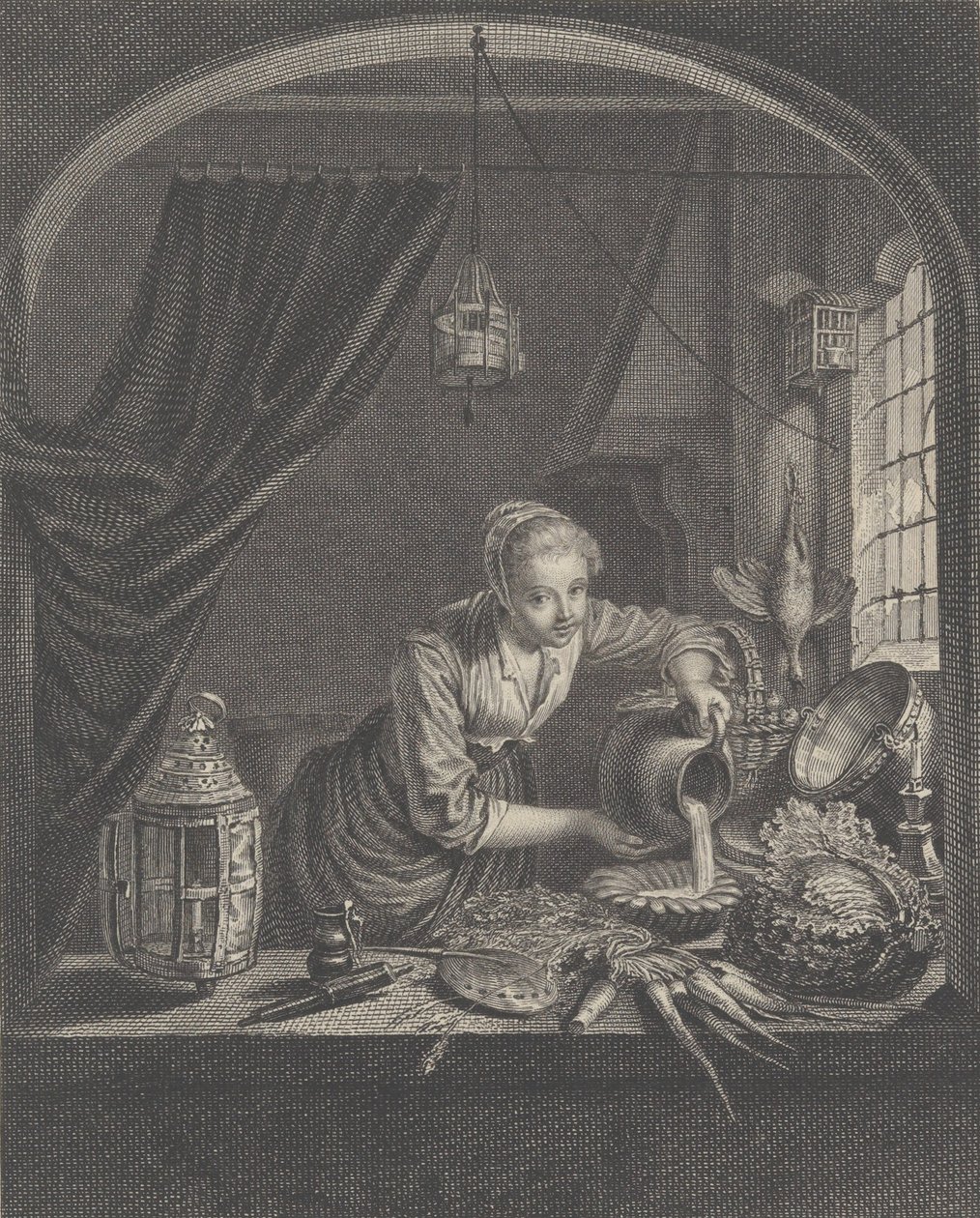 Melkmeisje naar het schilderij van G. Dou in de kast van de heer Poullain, midden 17e eeuw door Charles François Adrien Macret