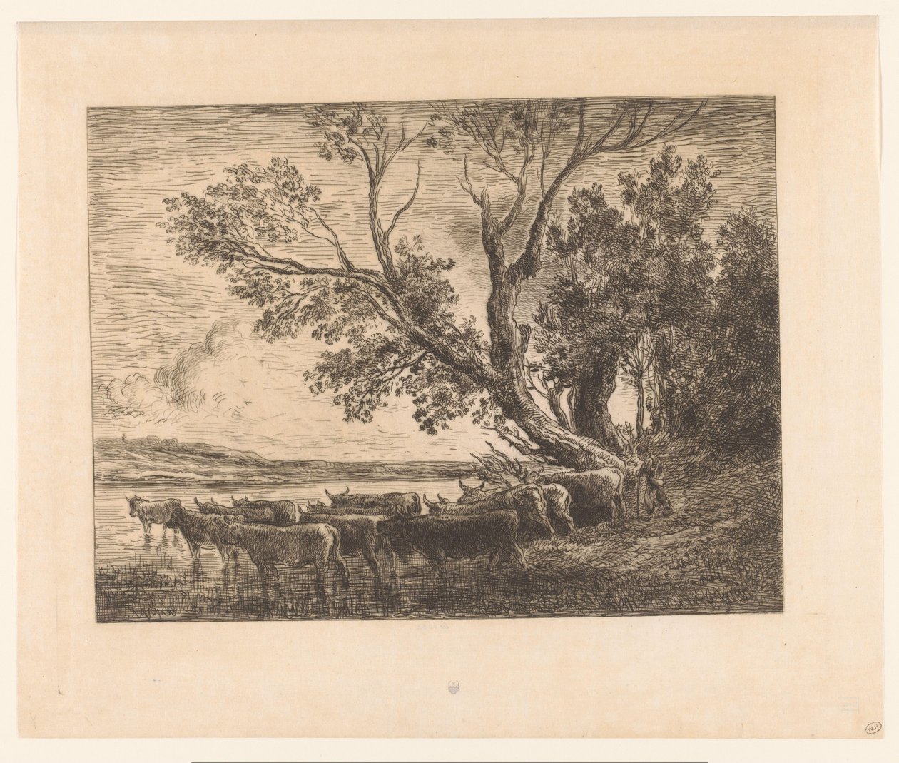 Landschap met wadende runderen door Charles François Daubigny (attributed to)