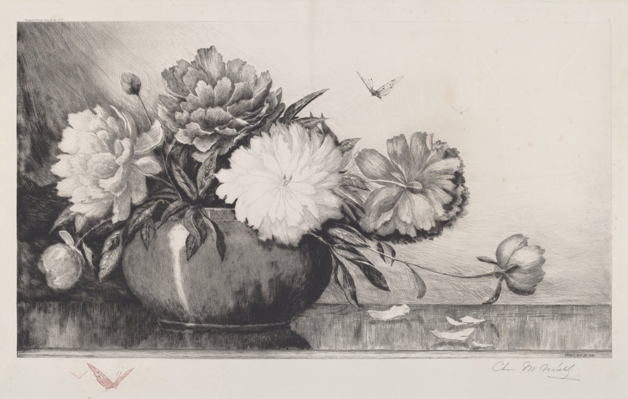 Zonder titel: Pioenen in een kom, 1890 door Charles Frederick William Mielatz
