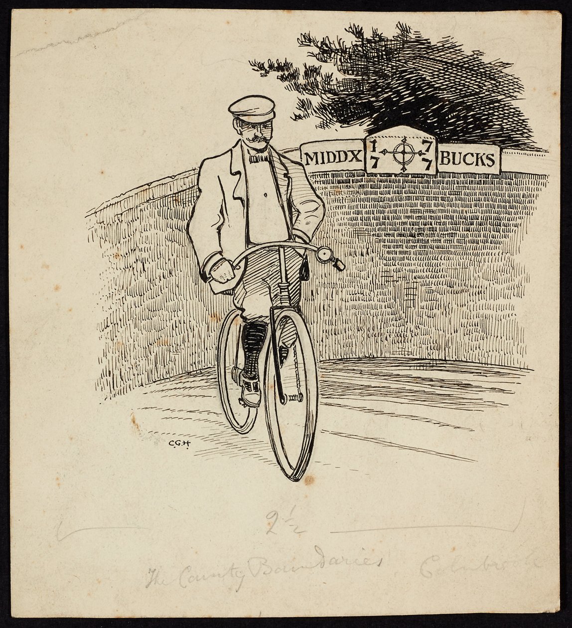 Een man op een fiets voor een bord dat de provinciegrens tussen Middlesex en Buckinghamshire markeert door Charles George Harper