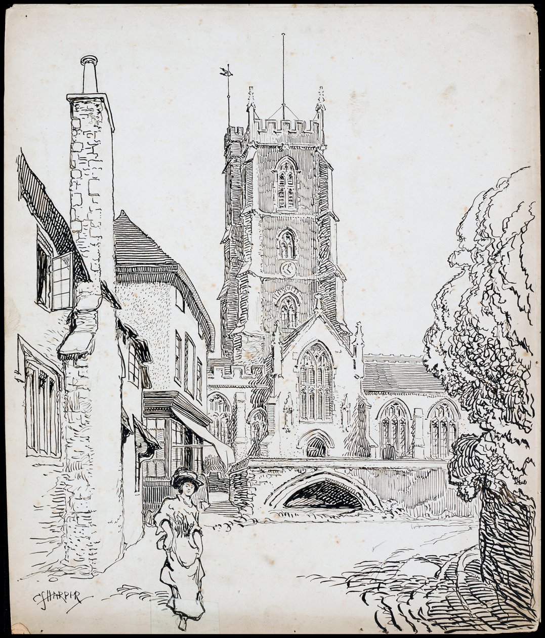 Een uitzicht vanuit het zuiden van de Priory Church of St George, Dunster, Somerset door Charles George Harper