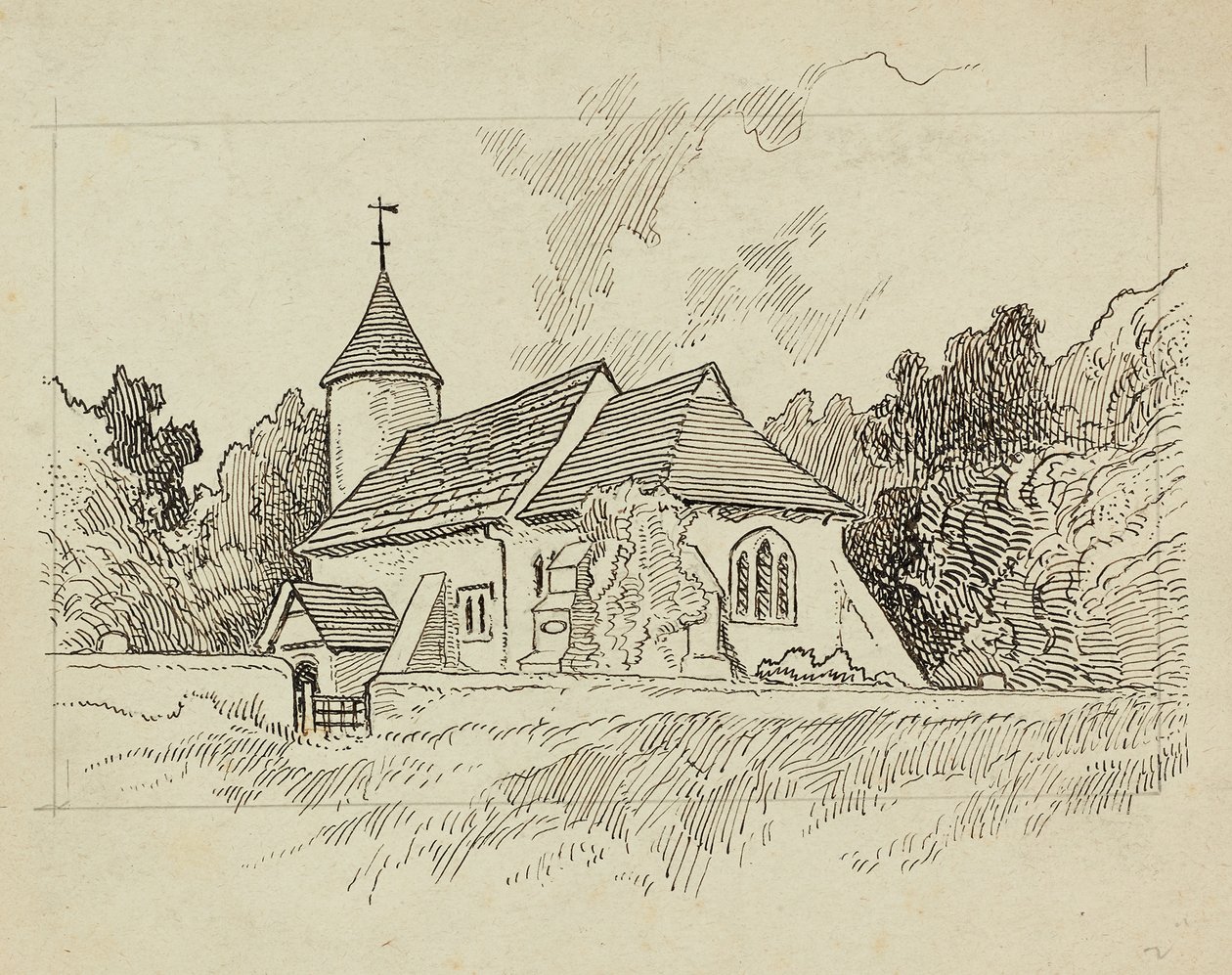 Buitenaanzicht van een niet-geïdentificeerde kerk door Charles George Harper