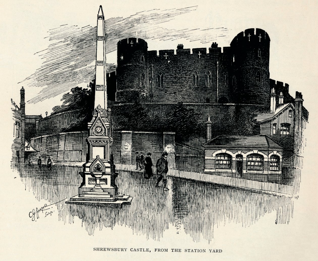 Shrewsbury Castle, vanaf het stationsplein, ca. 1893, 1894 door Charles George Harper
