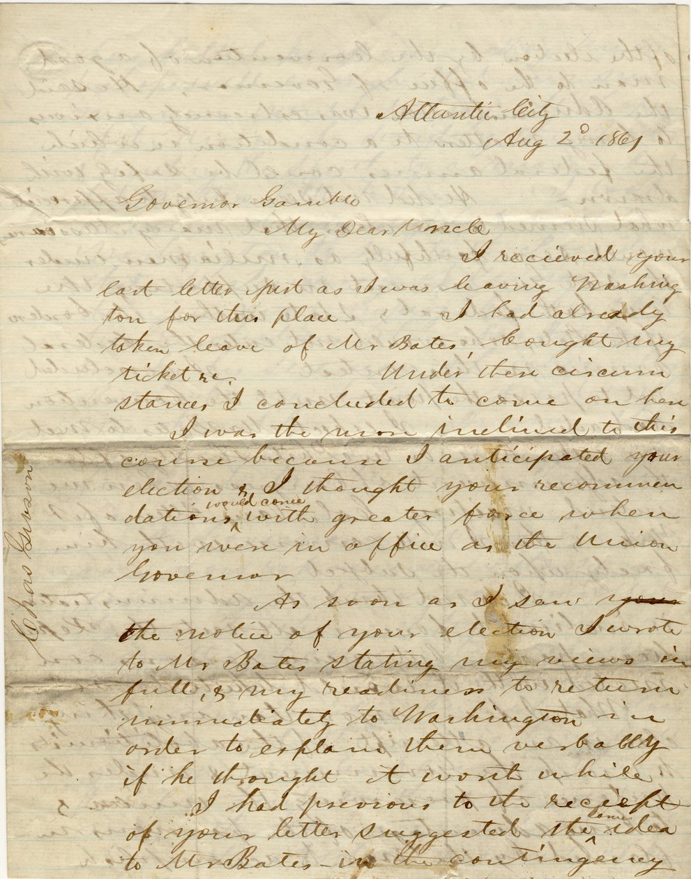 Brief ondertekend C. Gibson [Charles Gibson], Atlantic City, aan gouverneur Gamble [Hamilton R. Gamble], 2 augustus 1861 door Charles Gibson