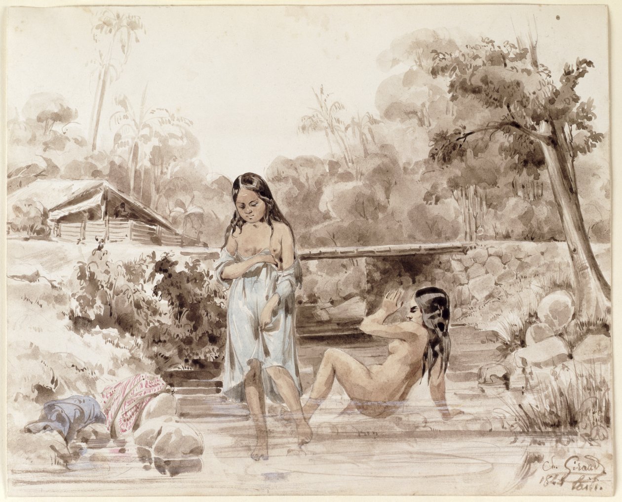 Tahitiërs baden, 1844 door Charles Giraud