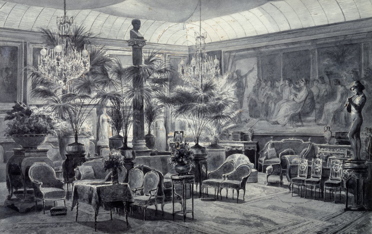Wintertuin van prinses Mathilde, tekening in grijze inkt en gouache door Charles Giraud (1819-1892) door Charles Giraud