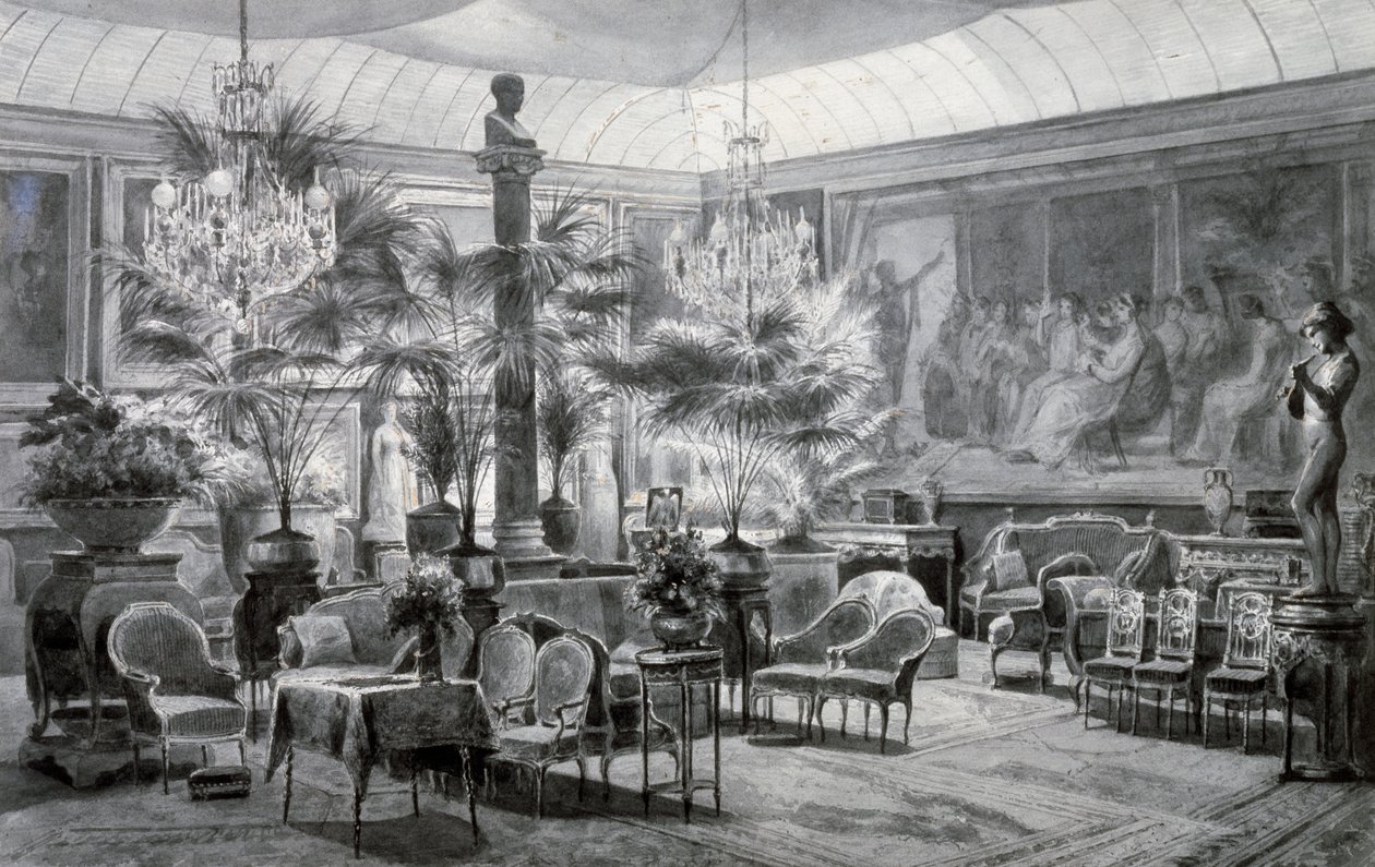 Wintertuin van Prinses Mathilde, gouache en inkttekening door Charles Giraud door Charles Giraud