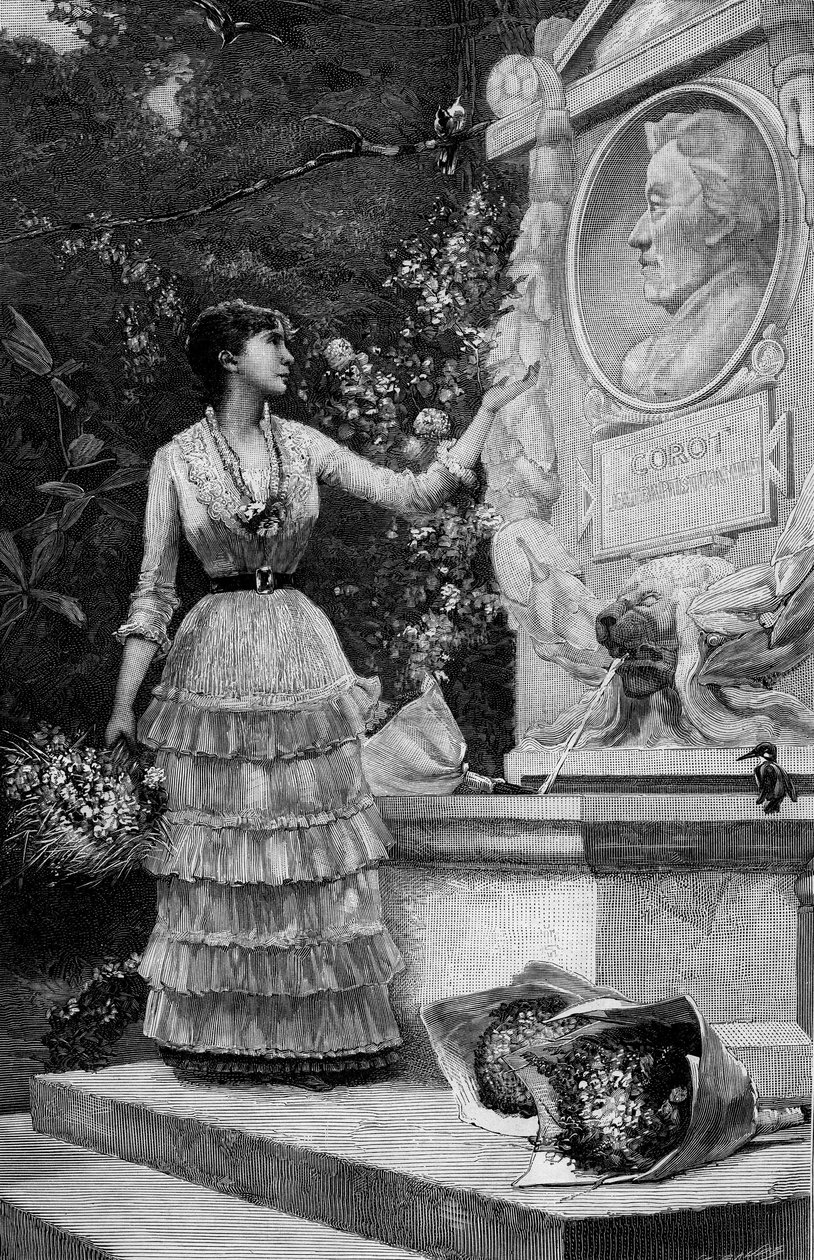 Mevrouw Blanche Baretta (Baretta) (geb. 1855) van de Comédie Française, die de verzen van de heer François Coppée voordraagt, voor het monument van Corot in Ville d
