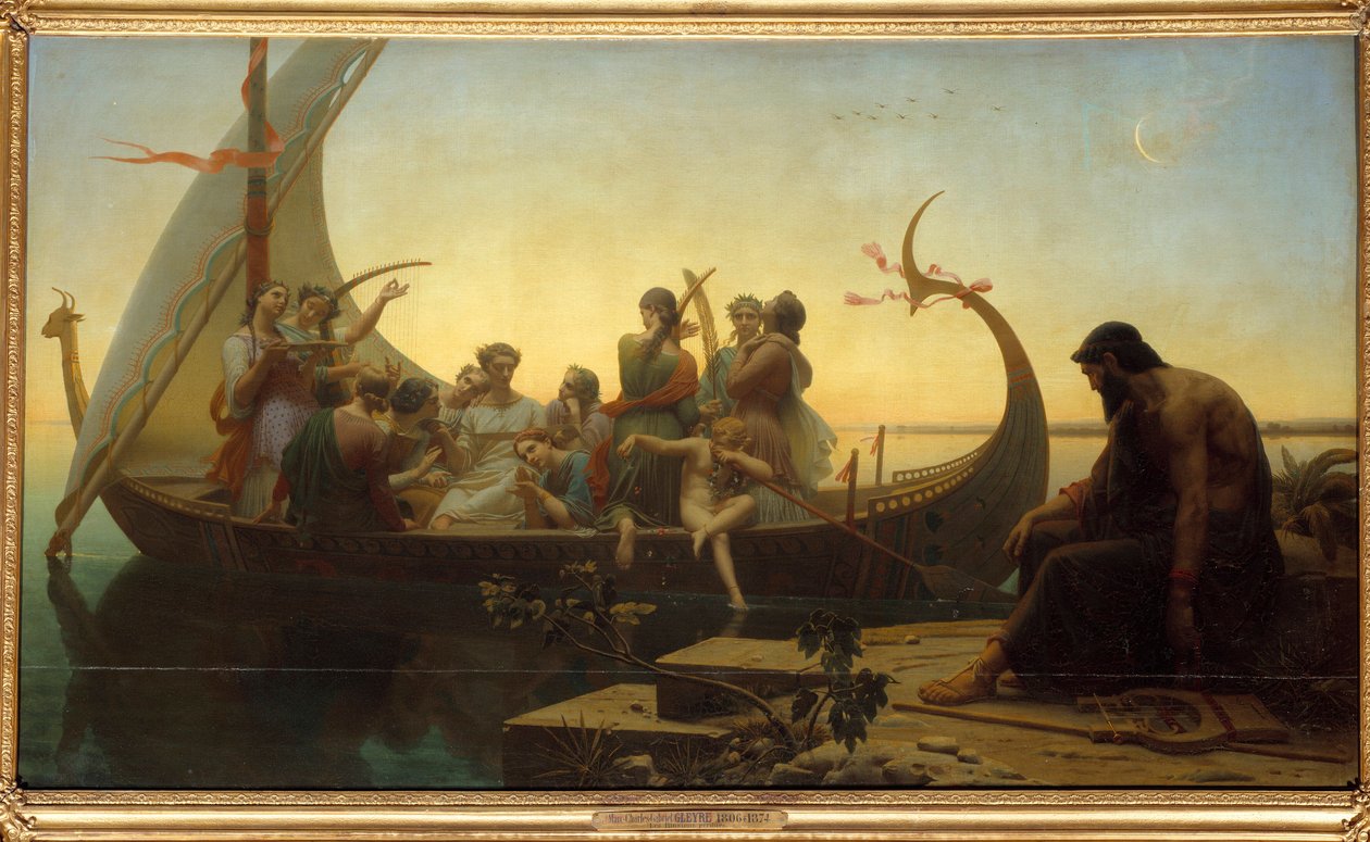 Verloren illusies of avond Een allegorische scène met personages op een vertrekkende drakkar, een man blijft op de kade met een lier. door Charles Gleyre