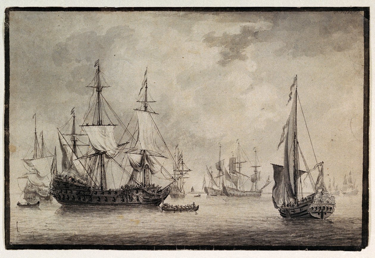 Nederlandse oorlogsschip, staatsjacht en verre schepen in een haven, eind 18e eeuw door Charles Gore