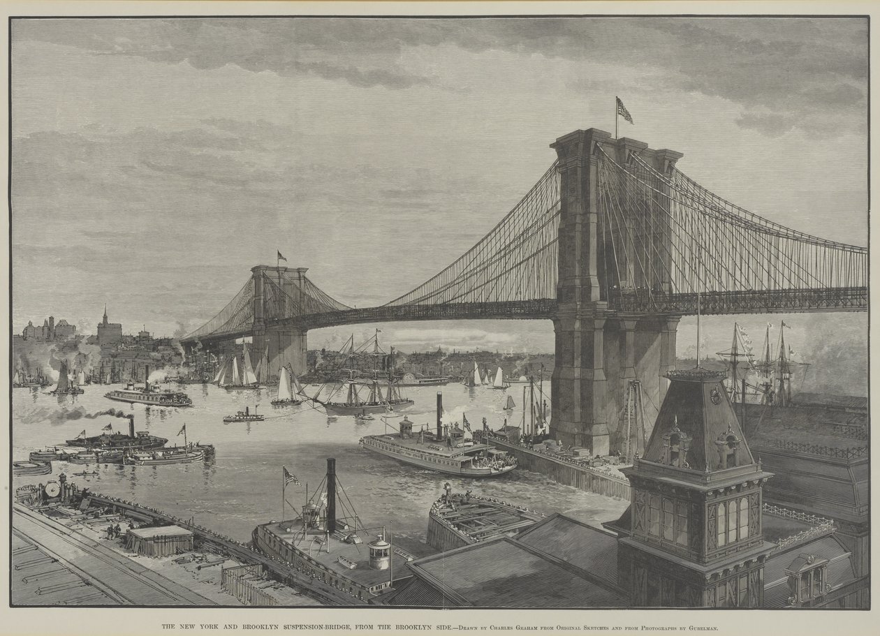 De New York en Brooklyn Suspension Bridge vanaf de Brooklyn kant, late 1800s door Charles Graham
