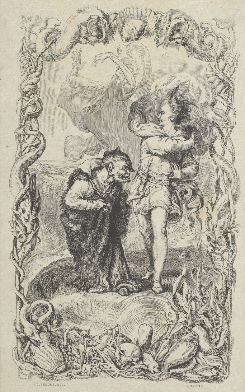 Illustratie bij De Storm: Caliban, Ferdinand en Ariel, 1836 door Charles Gray