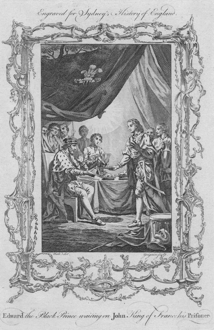 Edward de Zwarte Prins wacht op John Koning van Frankrijk zijn gevangene door Charles Grignion