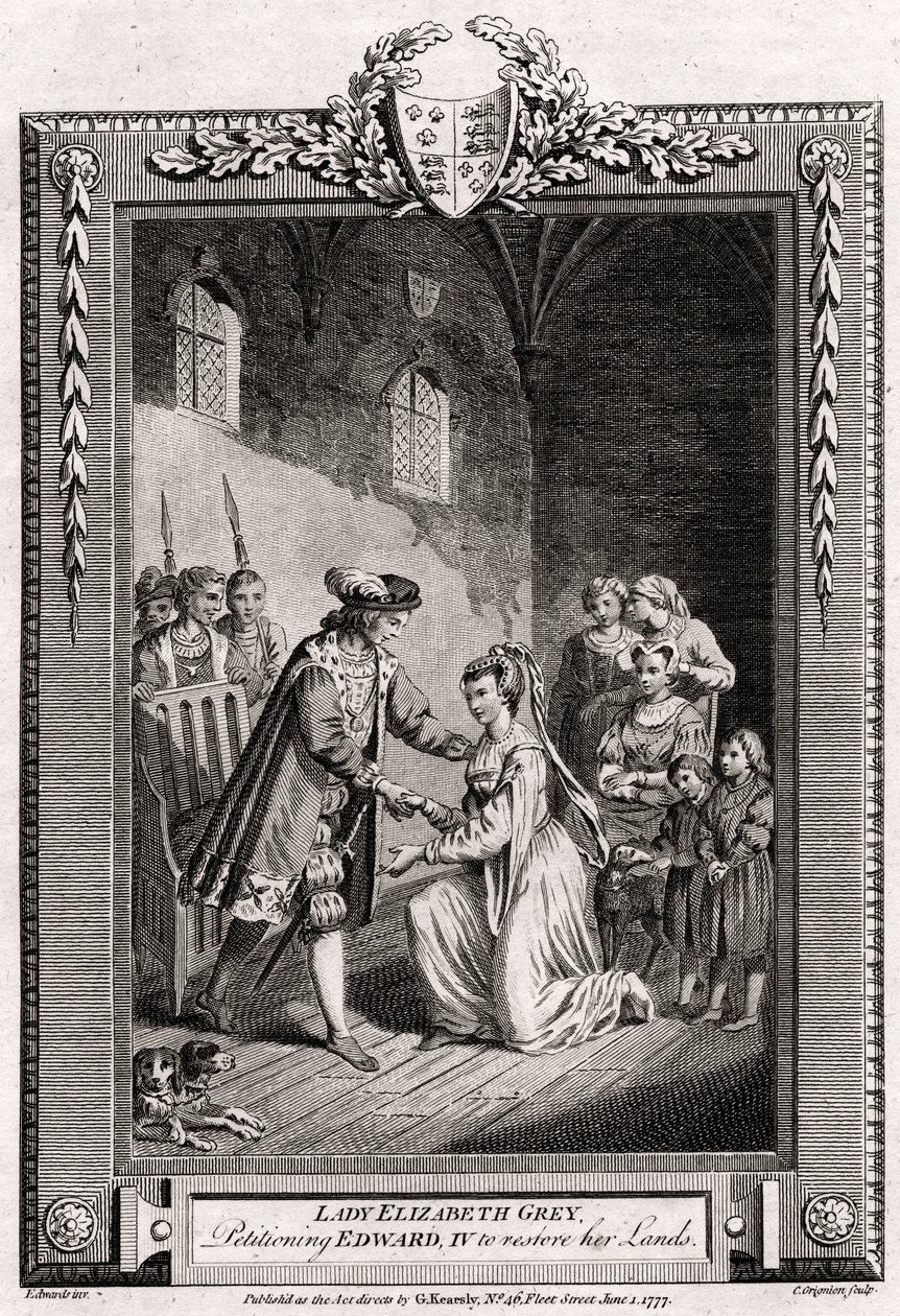 Lady Elizabeth Grey, verzoekend aan Edward IV om haar landgoederen terug te geven, 15e eeuw, 1777 door Charles Grignion